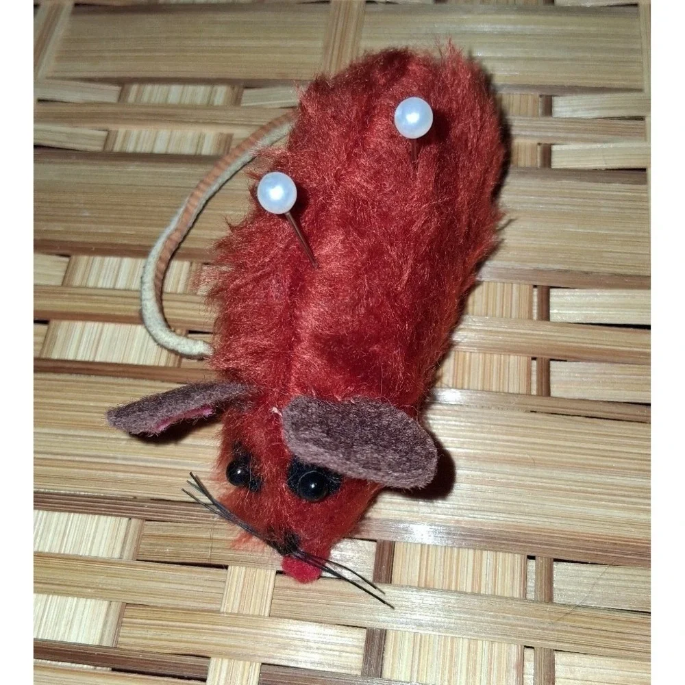 Vintage Red Flocked Mouse Pin Cushion Sewing Notions Pincushion 3.5